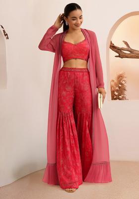 Red Printed Organza Fusion Set
