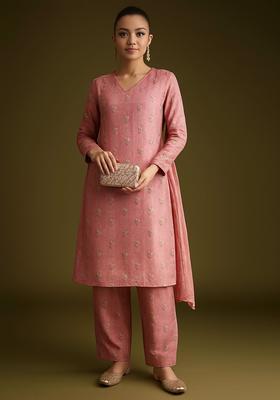 Peach Embroidered Tissue Kurta Set