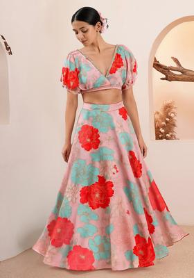 Pink Printed Satin Lehenga Set