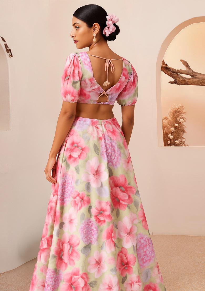 Pink Printed Satin Lehenga Set - Indya