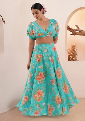 Blue Printed Silk Blend Lehenga Set