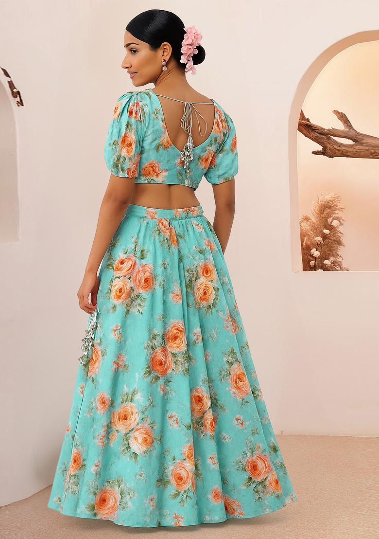 Blue Printed Silk Blend Lehenga Set - Indya