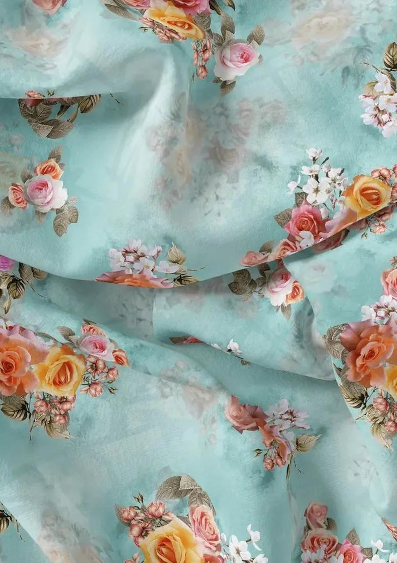 Blue Printed Silk Blend Lehenga Set - Indya