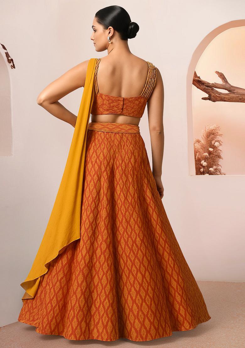 Orange Printed Silk Blend Lehenga Set - Indya