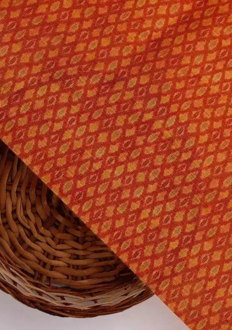 Orange Printed Silk Blend Lehenga Set - Indya