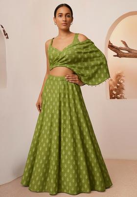Green Printed Silk Blend Lehenga Set