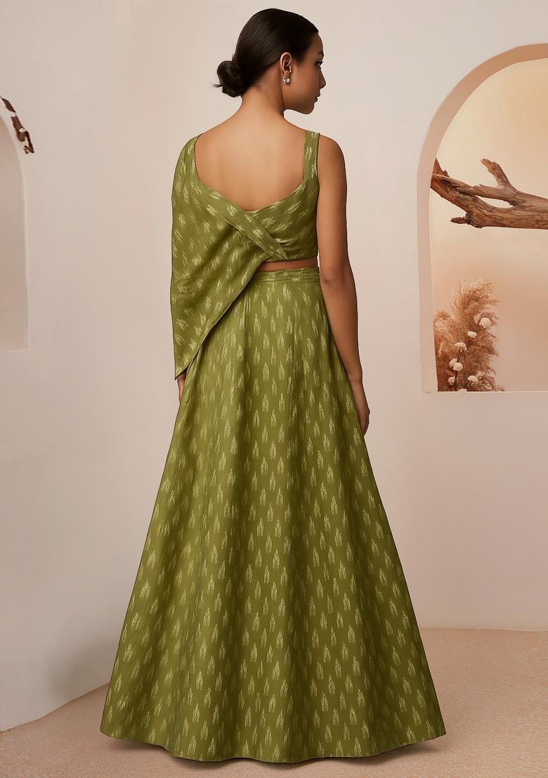 Green Printed Silk Blend Lehenga Set - Indya
