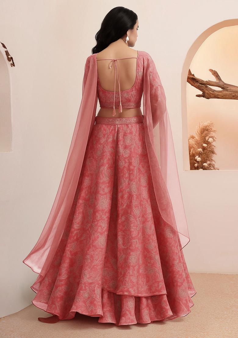 Pink Printed Organza Lehenga Set - Indya