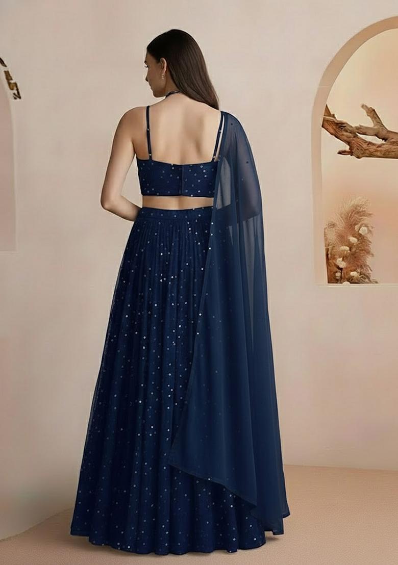 Blue Embellished Lehenga Set - Indya