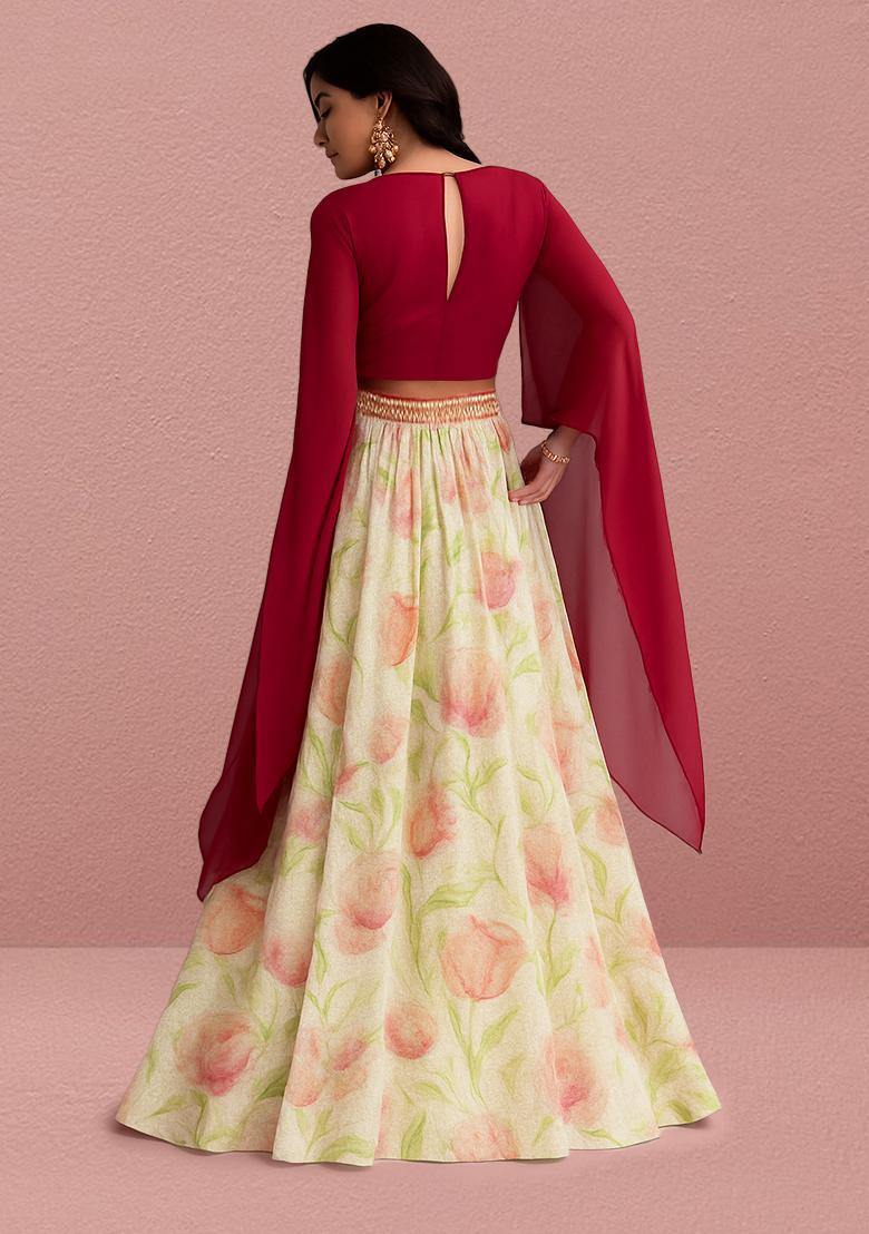 Light Green Printed Organza Lehenga Set - Indya