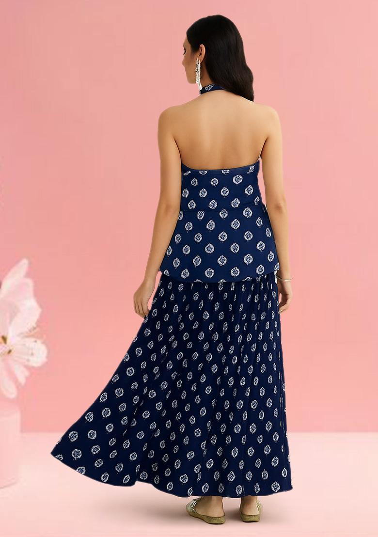 Blue Printed Chanderi Lehenga Set - Indya