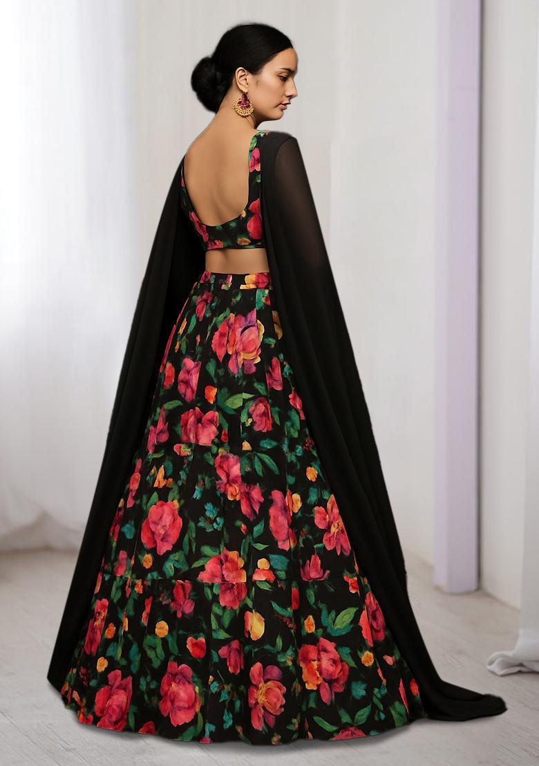 Black Printed Satin Lehenga Set - Indya