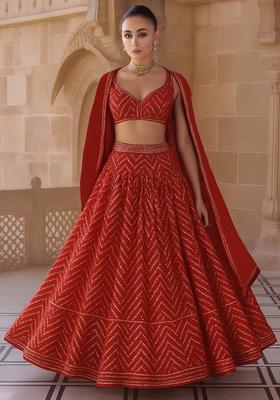 Red Embellished Chinon Lehenga Set
