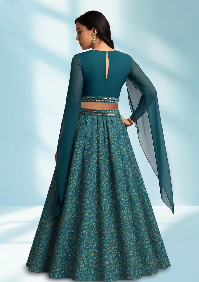 Blue Embroidered Crop Top Skirt Set - Indya