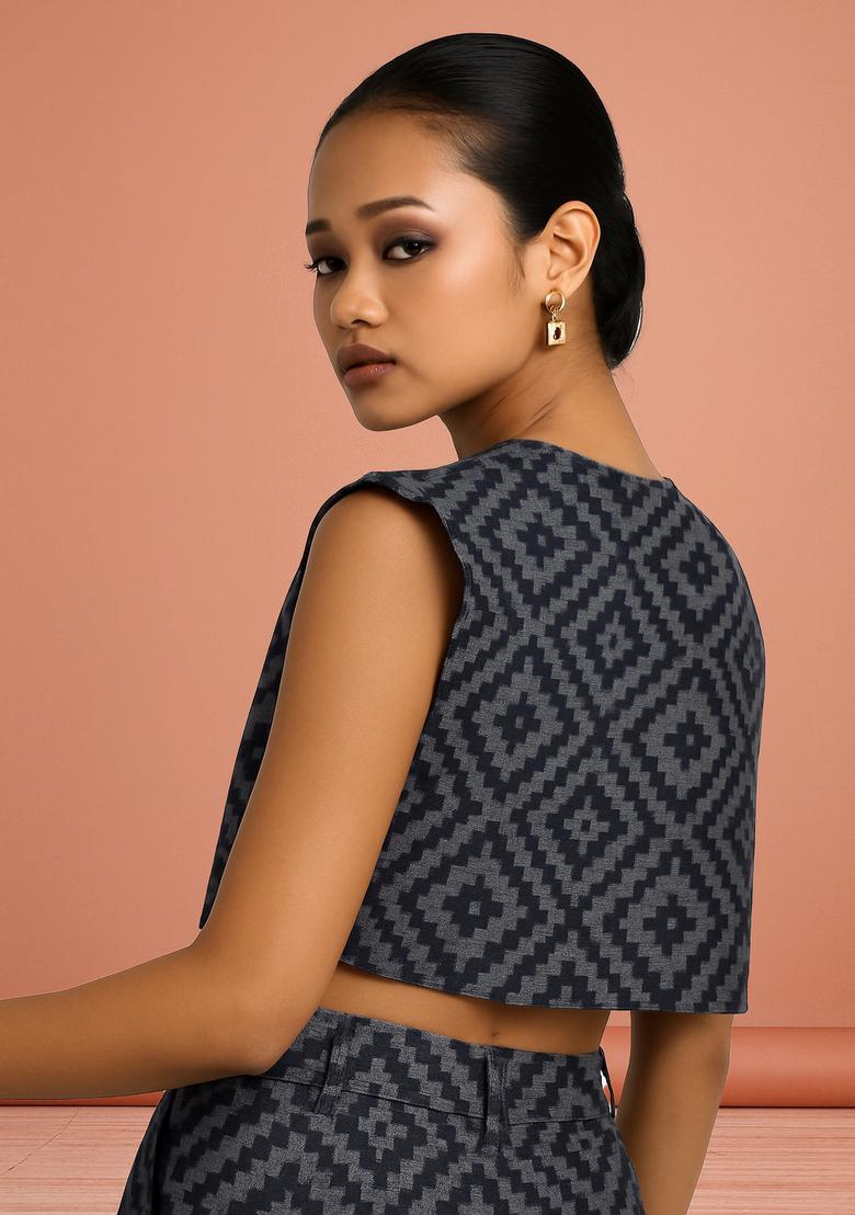 Dark Grey Jacquard Cotton Denim Co-Ord Set - Indya