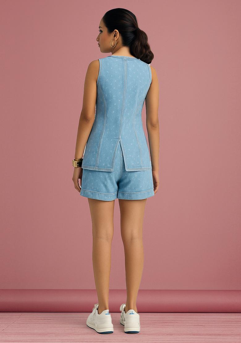 Sky Blue Cutwork Denim Jacket Cords - Indya