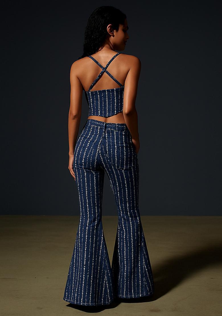Dark Blue Printed Cotton Denim Co-Ord Set - Indya