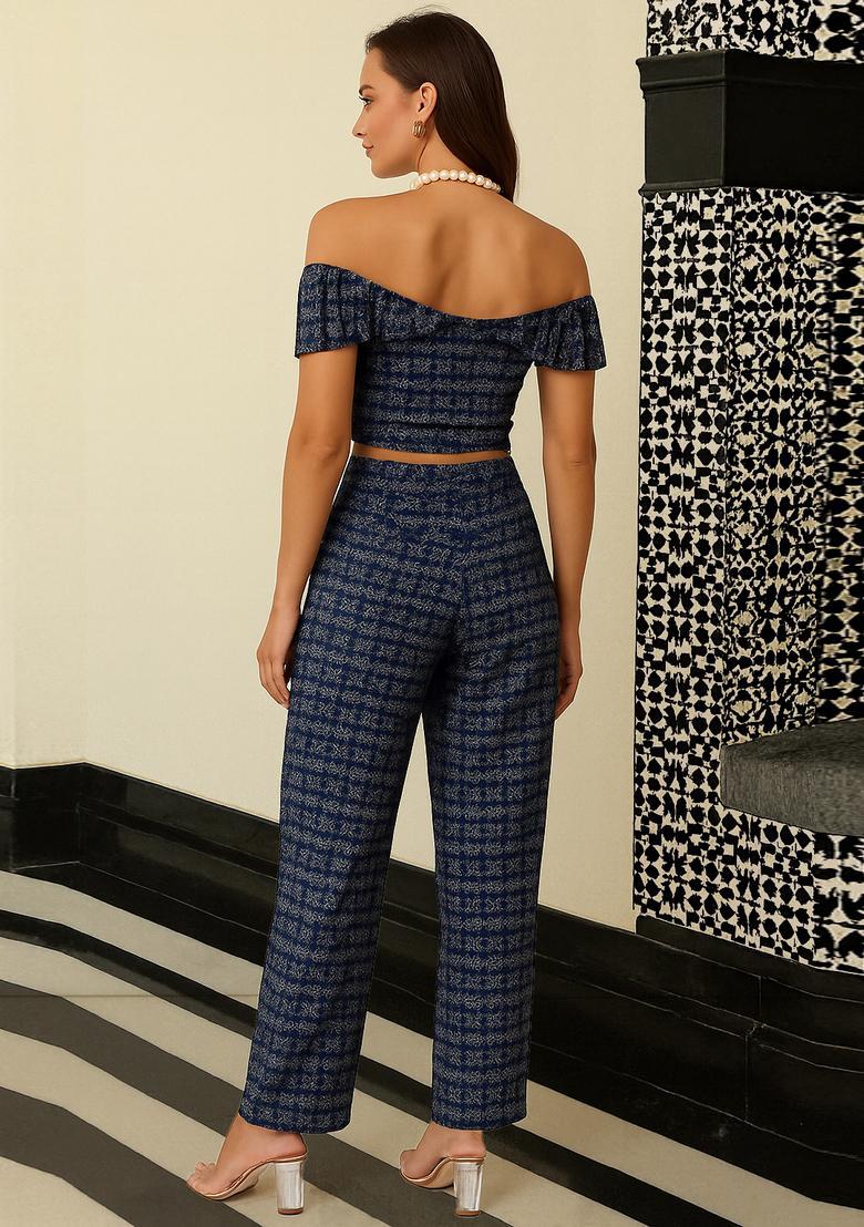 Navy Blue Embroidered Denim Co-Ord Set - Indya
