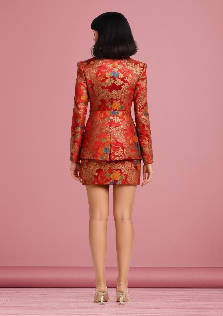 Red Embroidered Brocade Skirt Cord Set - Indya
