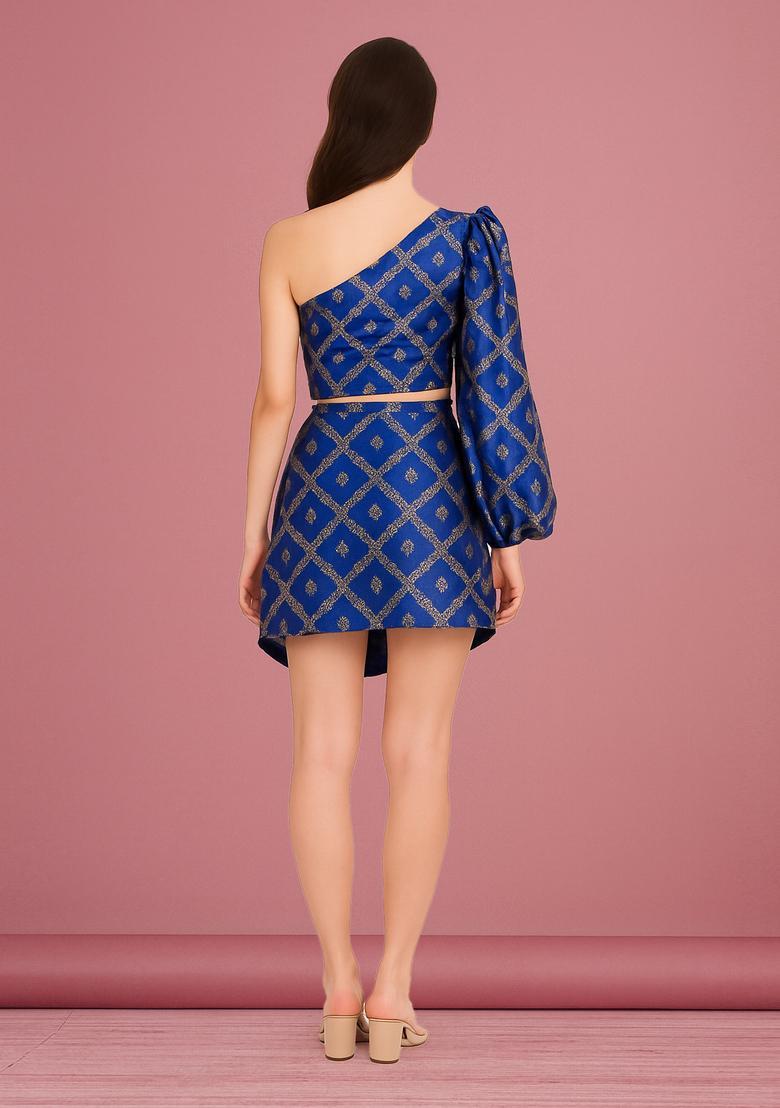 Navy Blue Embroidered Brocade Skirt Cord Set - Indya