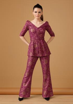 Pink Embroidered Brocade Blazer Cords