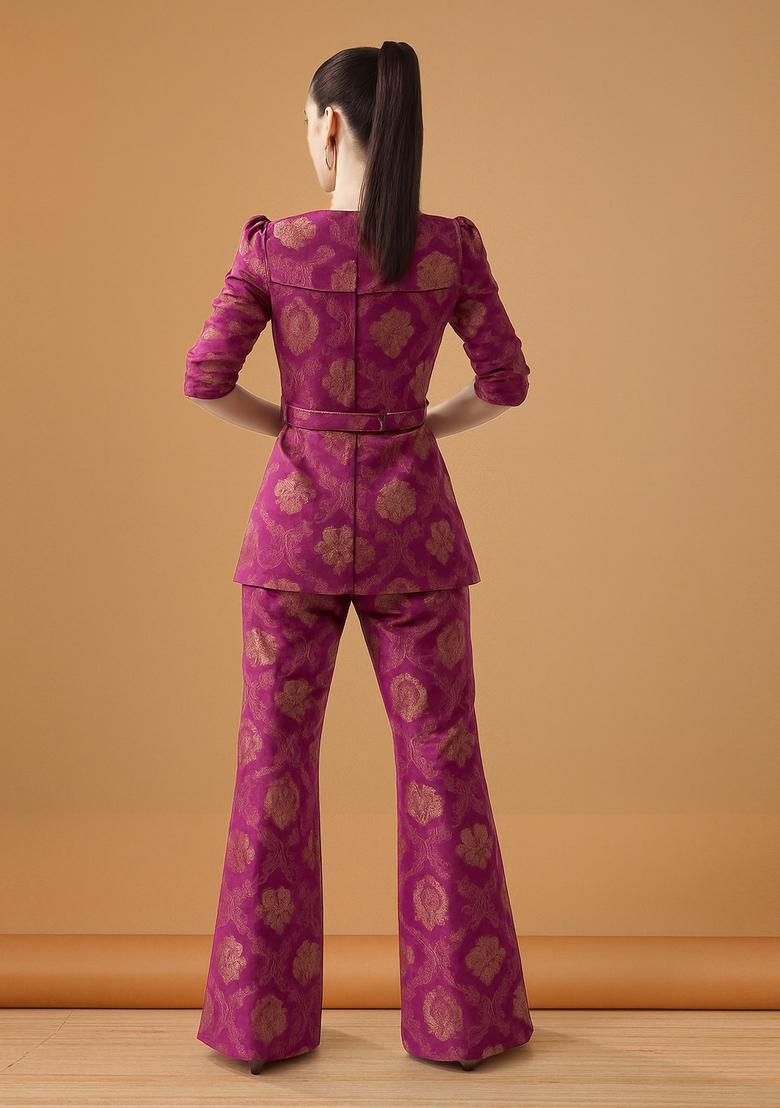 Pink Embroidered Brocade Blazer Cords - Indya