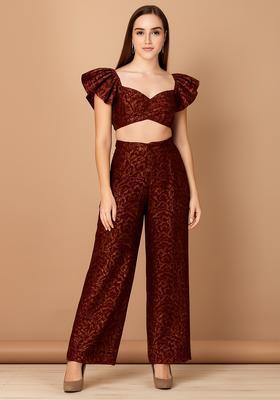 Brown Embroidered Brocade Co-Ord Set
