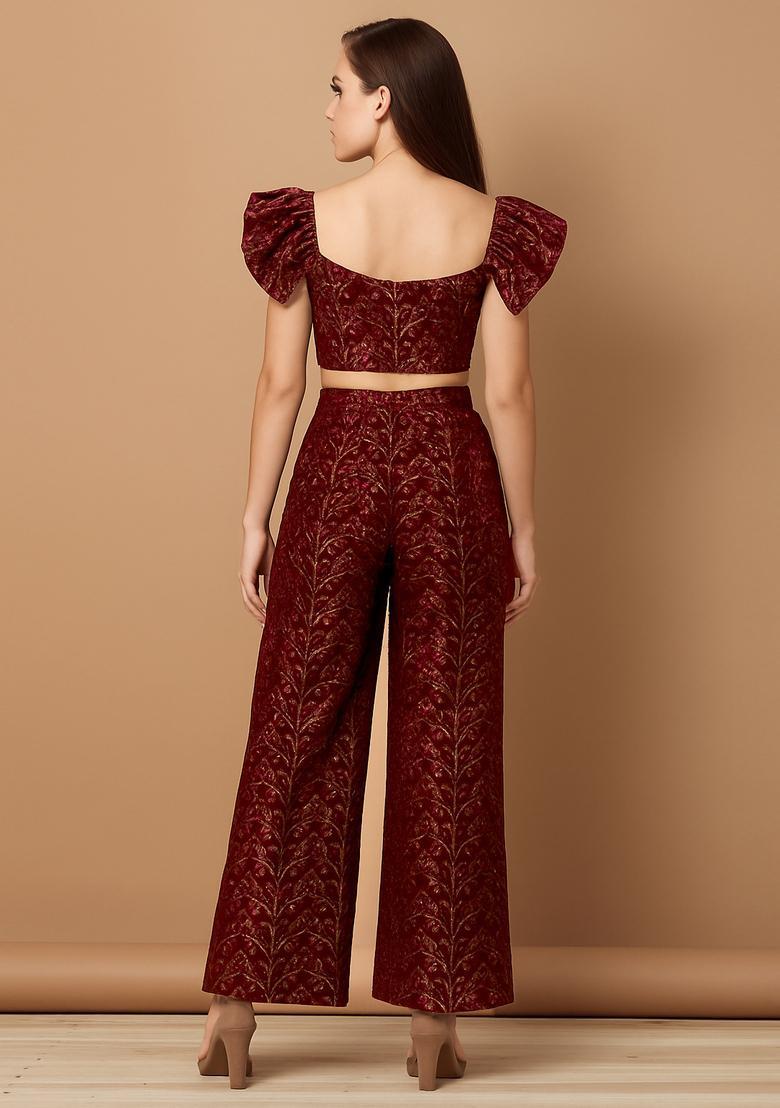 Brown Embroidered Brocade Co-Ord Set - Indya