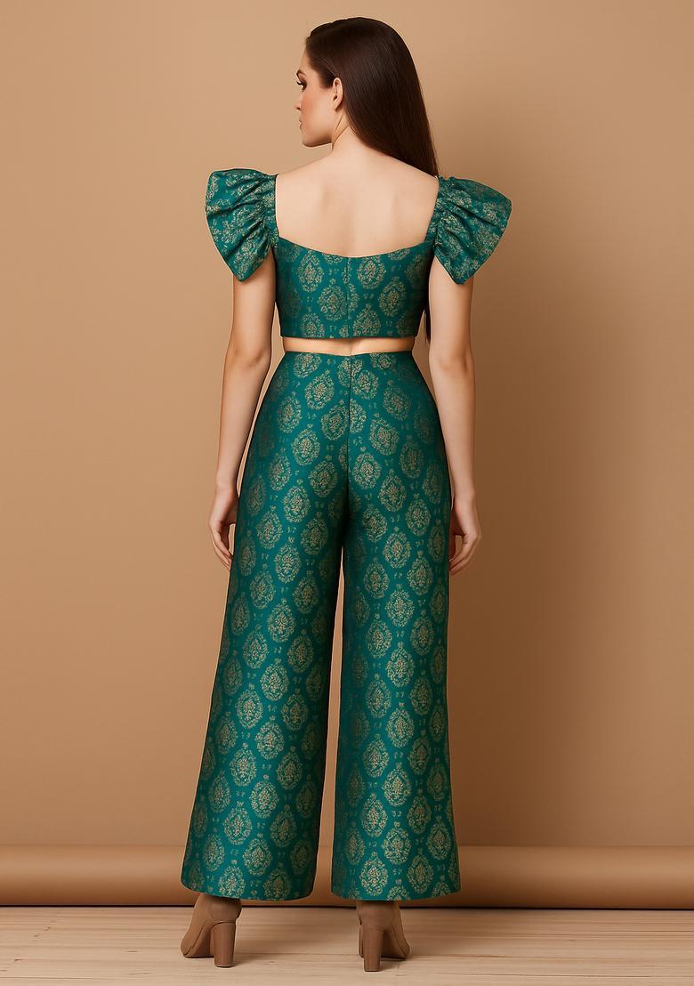 Green Embroidered Brocade Co-Ord Set - Indya