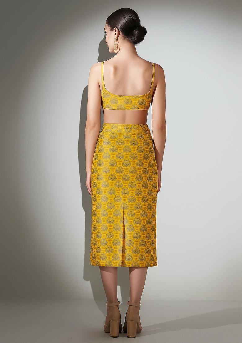 Yellow Embroidered Brocade Skirt Cord Set - Indya