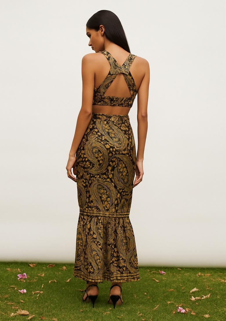 Green Embroidered Brocade Skirt Cord Set - Indya