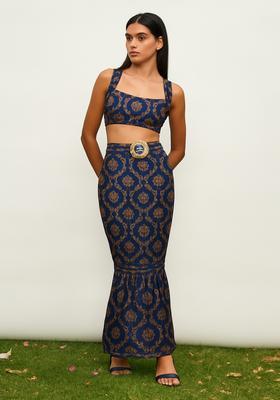 Navy Blue Embroidered Brocade Skirt Cord Set