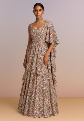 Multicolor Printed Chinon Pre Draped Saree Set