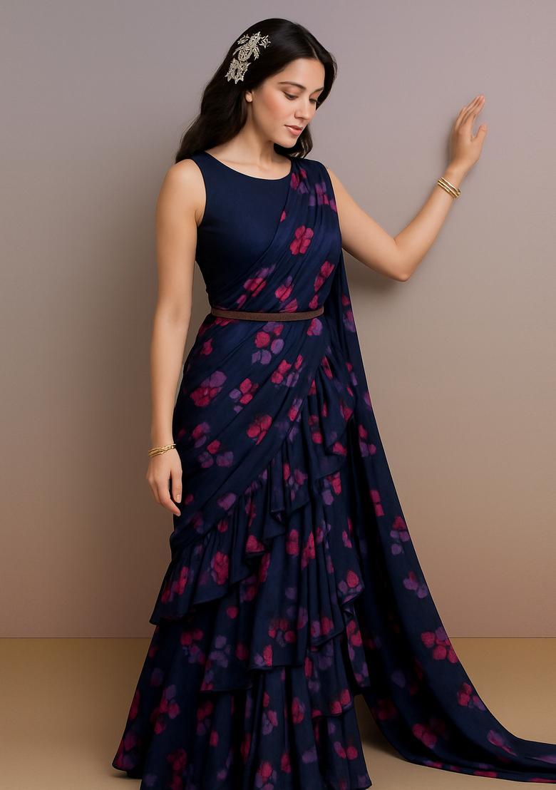 Blue Printed Chinon Pre Draped Saree Set - Indya