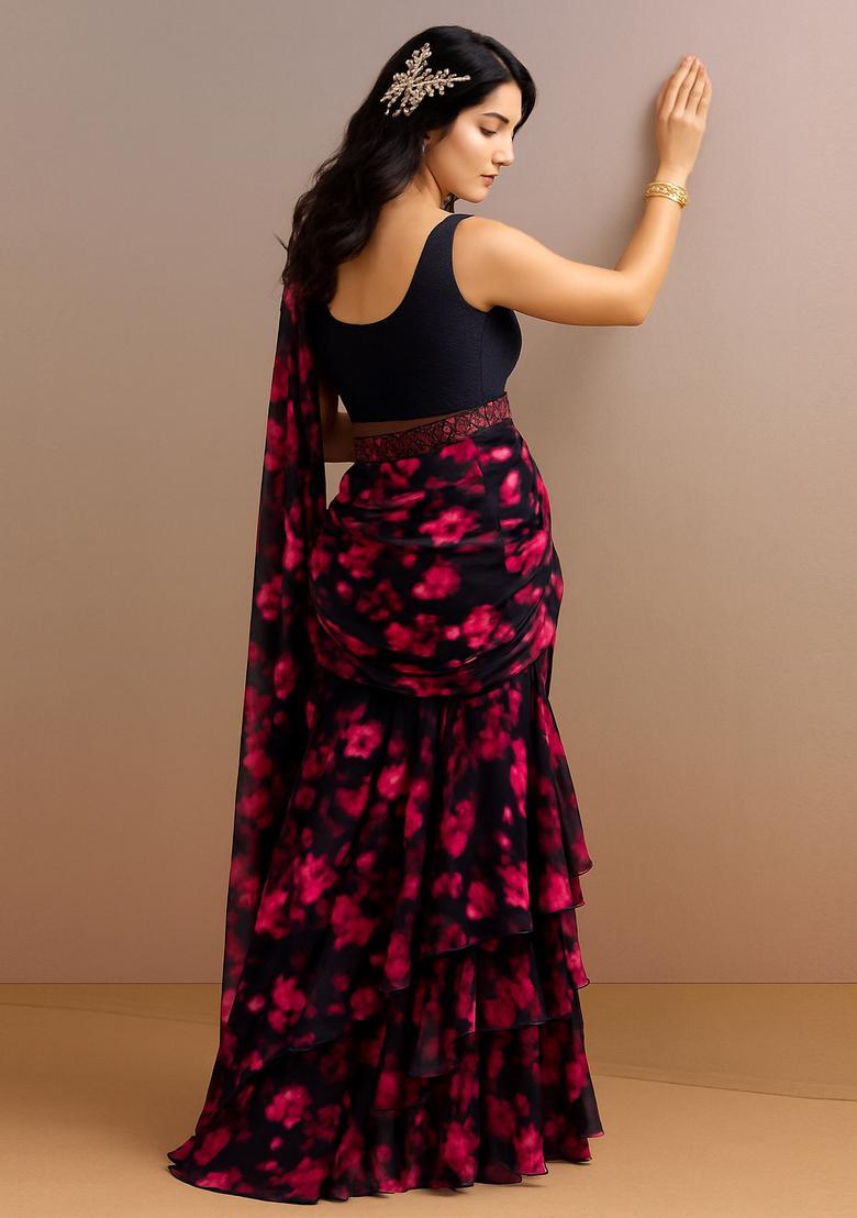 Black And Pink Printed Georgette Pre Draped Saree Set - Indya