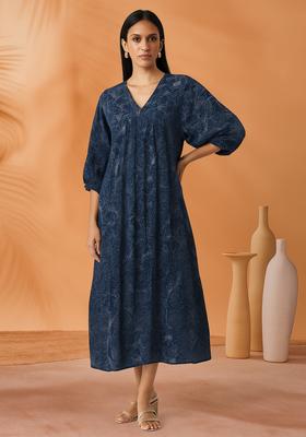 Blue Printed Chanderi Dress