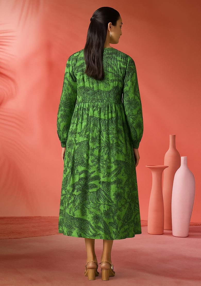 Green Printed Cotton Blend Dress - Indya