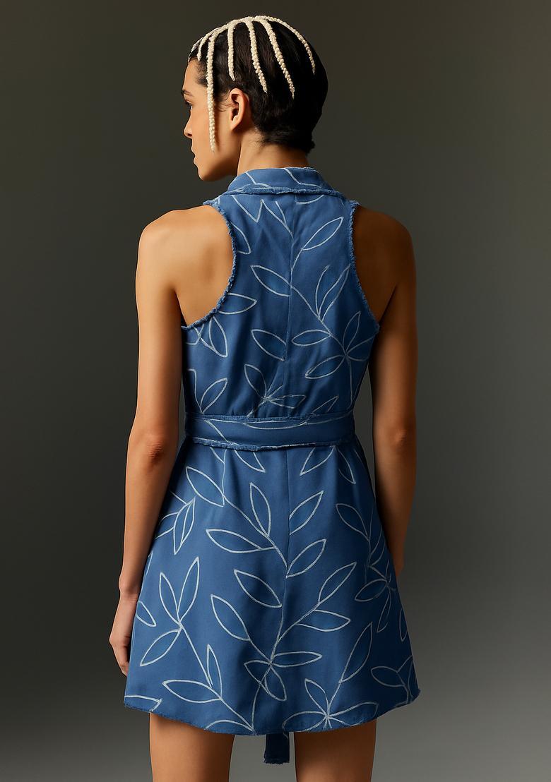 Blue Printed Linen Dress - Indya