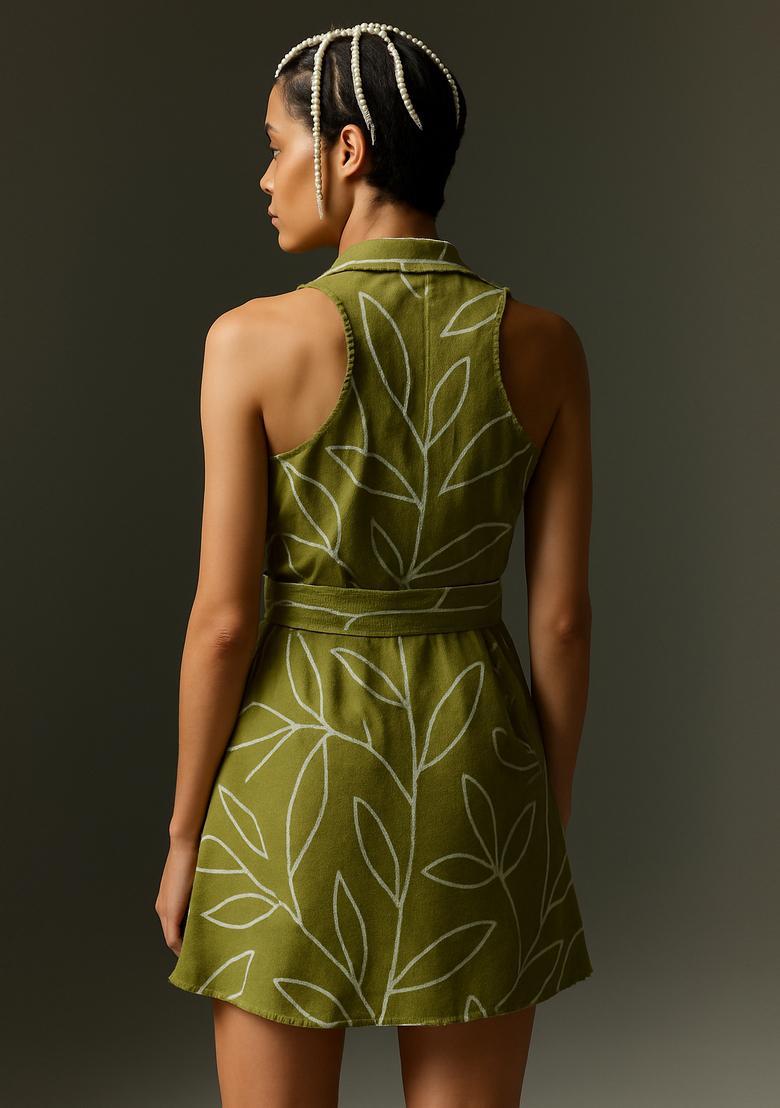 Green Printed Linen Dress - Indya