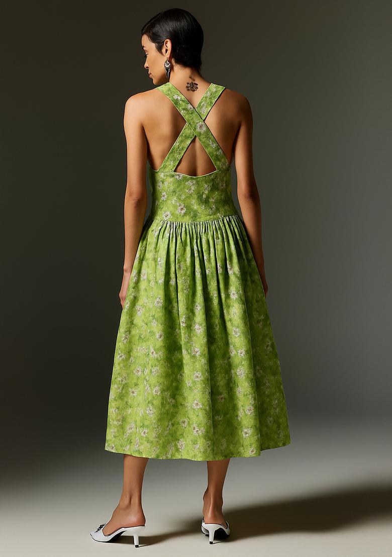 Light Green Printed Linen Dress - Indya