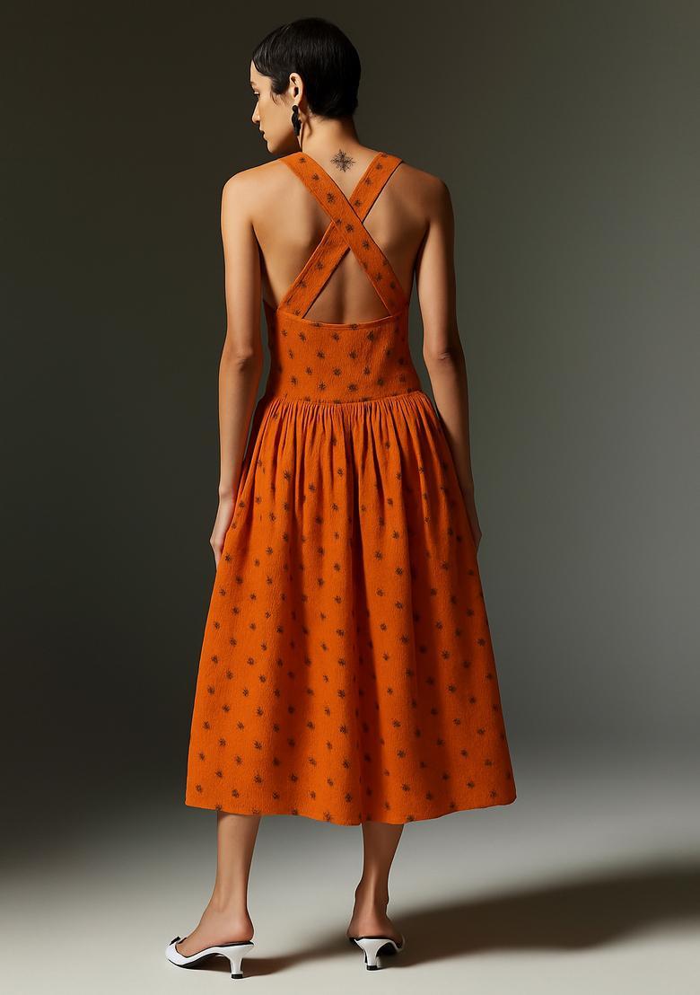 Orange Printed Linen Dress - Indya