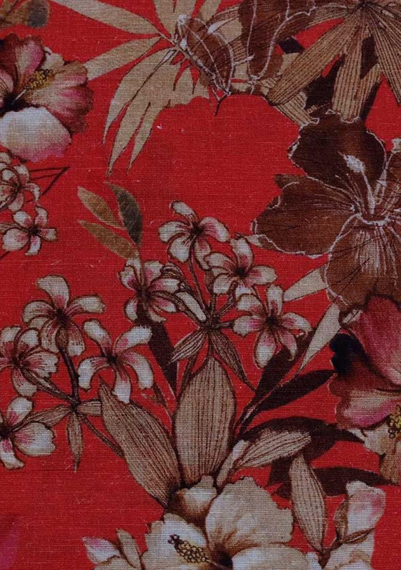 Red Printed Cotton Linen Dress - Indya