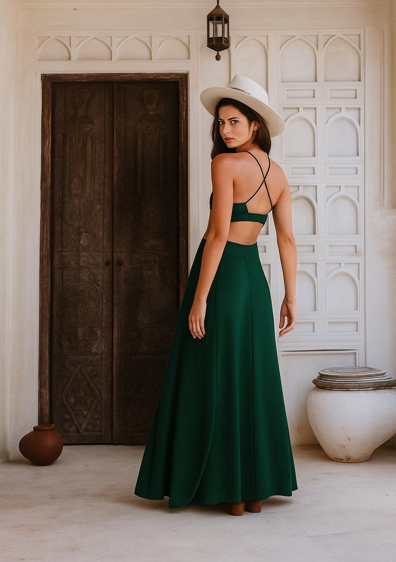 Green Solid Cotton Dress - Indya