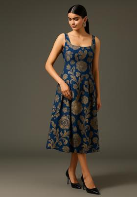 Navy Blue Embroidered Cotton Denim Dress