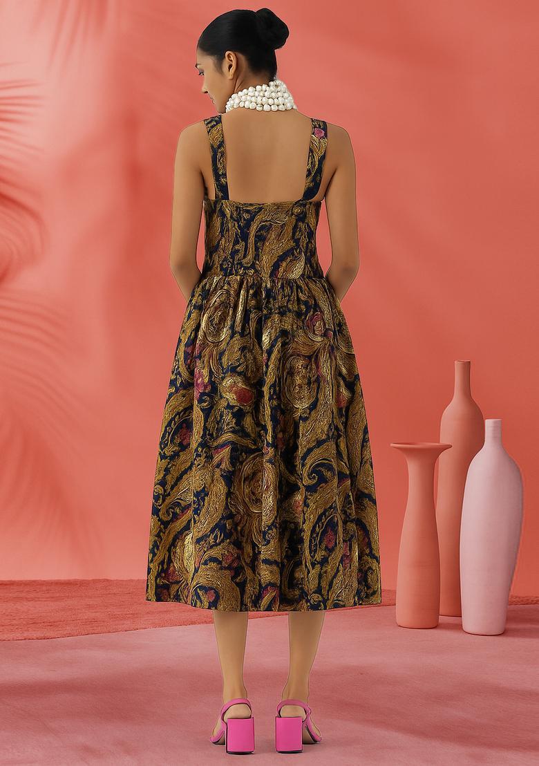 Multicolor Embroidered Brocade Dress - Indya