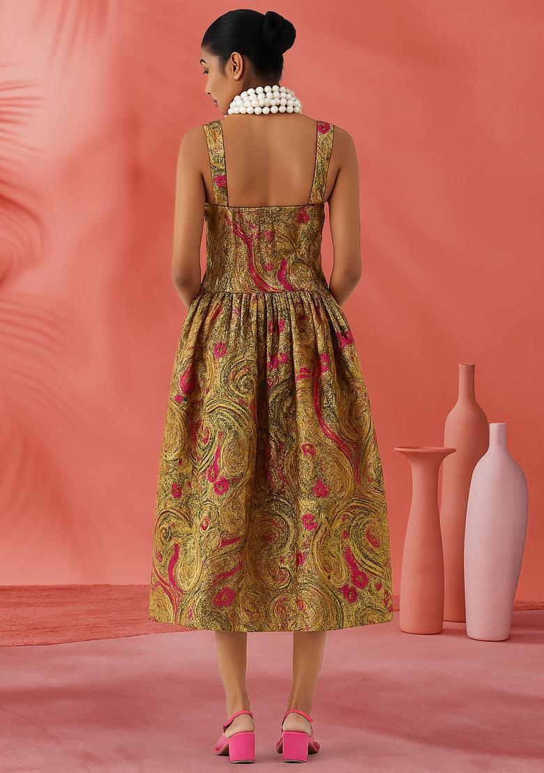 Multicolor Embroidered Brocade Dress - Indya