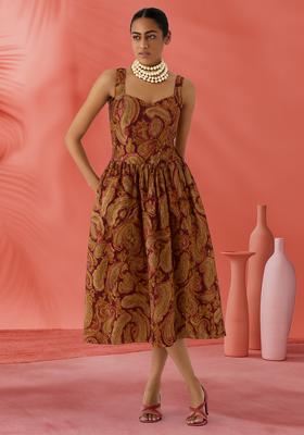 Burgundy Embroidered Brocade Dress