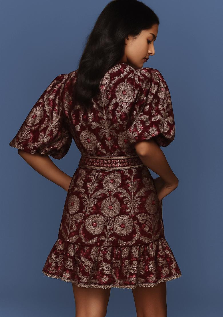 Purple Embroidered Brocade Dress - Indya