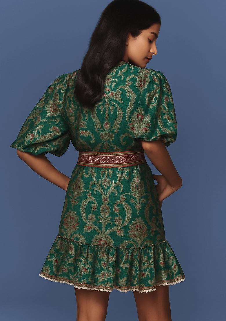 Bottle Green Embroidered Polyester Dress - Indya