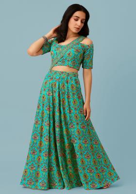 Blue Printed Silk Blend Fusion Set